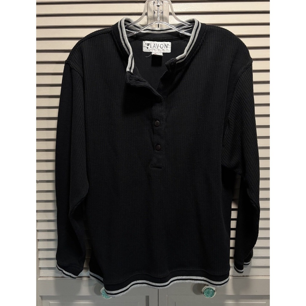 Lavon Sport Mens Knit Sweater Crew Button Neck Size M Long Sleeve Ribbed